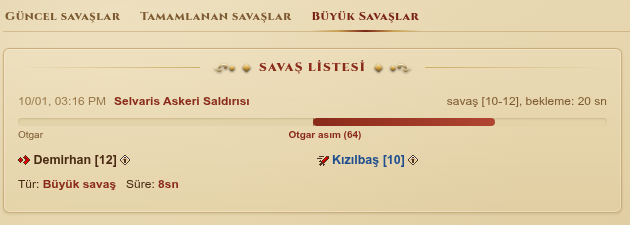 Büyük Savaşlar sekmesi: savaş listesi