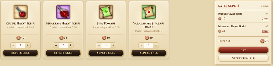 Eskici sekmesi ve satış sepeti