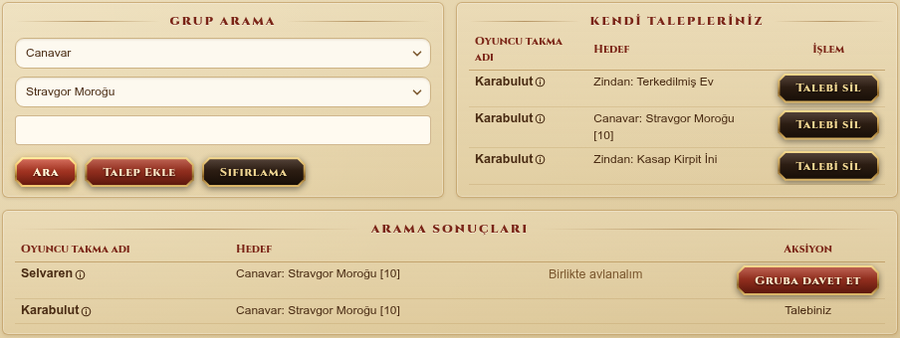 Grup arama ekranı ve arama sonuçları