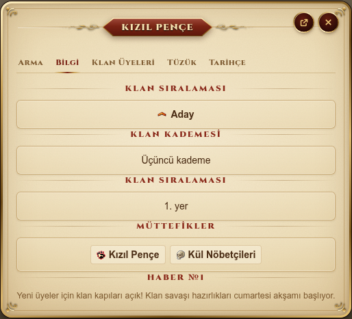 Klan bilgi penceresinin Bilgi sekmesi: klan sıralaması, kademe, müttefikler ve haberler