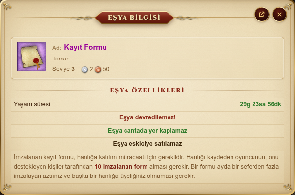 Kayıt Formu'nun eşya bilgisi penceresi