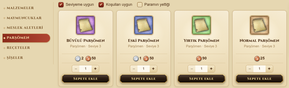 Mağazanın Parşömen sekmesinde Büyülü Parşömen
