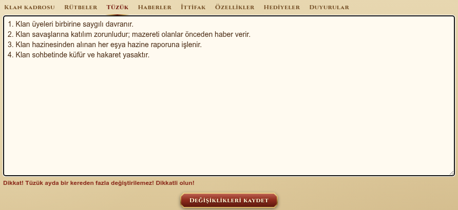Tüzük sekmesi: tüzük metni alanı ve ayda bir değiştirme uyarısı