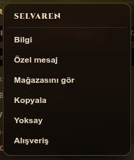 Oyuncu bağlam menüsü